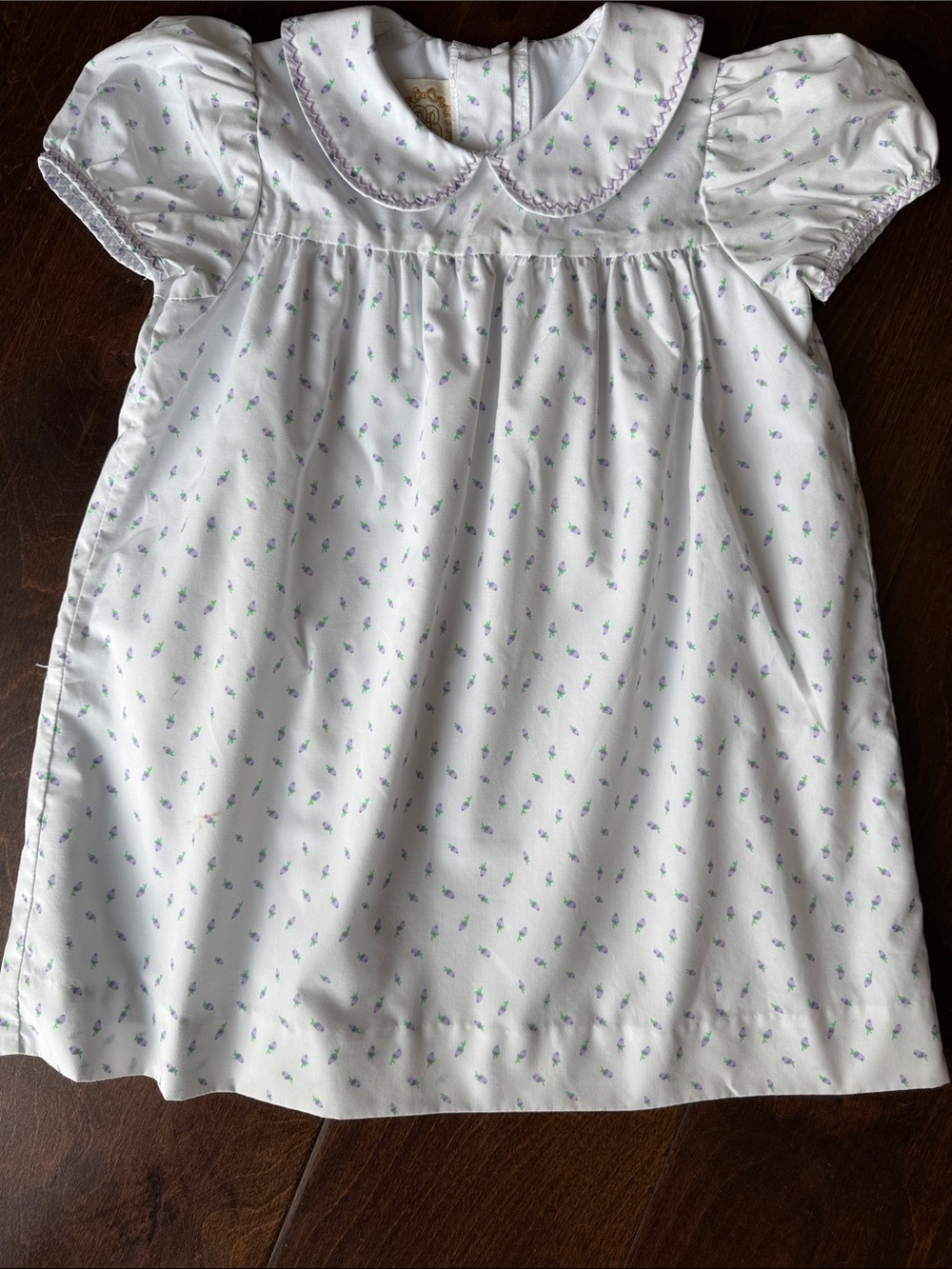 Girls White Peter Pan Collar Dress with Tiny Floral Print